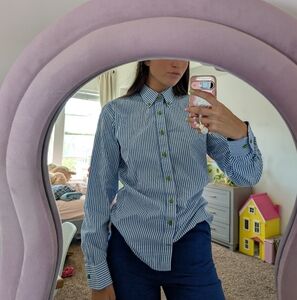 Fun Blue Striped Button-Up Shirt With Green Buttons Size Large